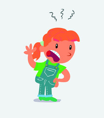 Indigned cartoon character of little girl on jeans vehemently shakes his hand.