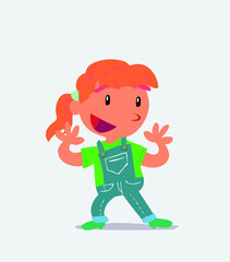 Pleasantly surprised cartoon character of little girl on jeans.