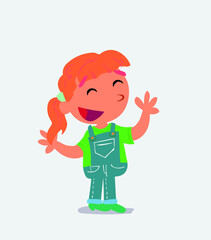 Pleased cartoon character of little girl on jeans explaining something.