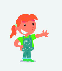 Pleased cartoon character of little girl on jeans points to something.
