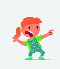 Scared cartoon character of little girl on jeans points to the side.