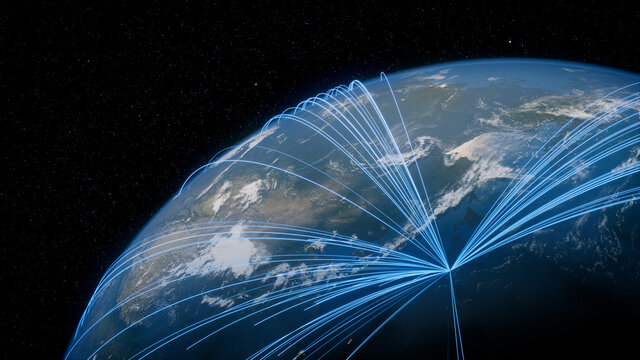 Earth in Space. Blue Lines connect Tokyo, Japan with Cities across the World. Worldwide Travel or Communication Concept.