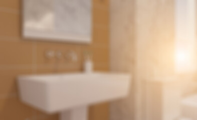 Bokeh blurred phototography. Modern bathroom including bath and sink. 3D rendering.. Sunset.