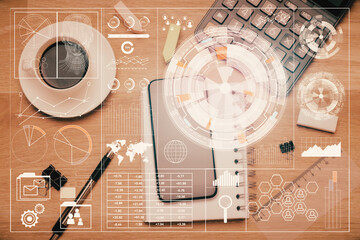 Multi exposure of technology theme drawing over work table desktop. Top view. Global data analysis concept.