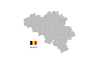 Pixel map of Belgium. Vector square pixel dotted map of Belgium isolated on white background with Belgium flag.