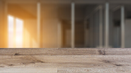 Background with empty wooden table. Flooring. Elegant office interior. Mixed media. 3D rendering.. Sunset.