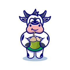 cute cow cartoon animal holding a coconut