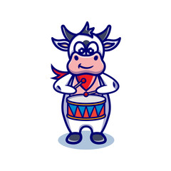 cute cow cartoon animal holding a drum