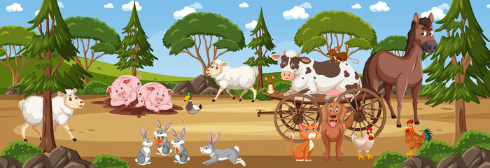 Panorama landscape scene with various farm animals