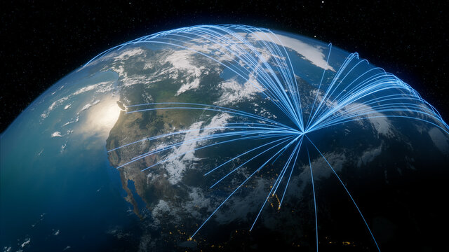 Earth in Space. Blue Lines connect Boston, USA with Cities across the World. Global Travel or Communication Concept.