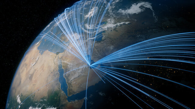 Earth in Space. Blue Lines connect Doha, Qatar with Cities across the World. Worldwide Travel or Communication Concept.