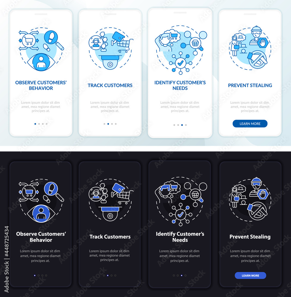 Poster shopping security onboarding mobile app page screen set. marketing walkthrough 4 steps graphic instr