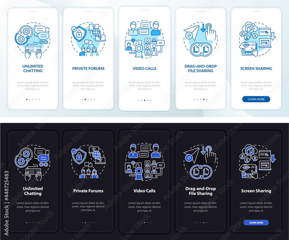 Poster business chat service onboarding mobile app page screen. work service walkthrough 5 steps graphic in