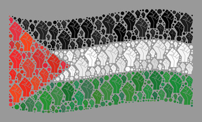 Mosaic waving Palestine flag created of protest elements. Strike hand vector collage windy Palestine flag created for enforcement purposes. Designed for political or patriotic purposes.