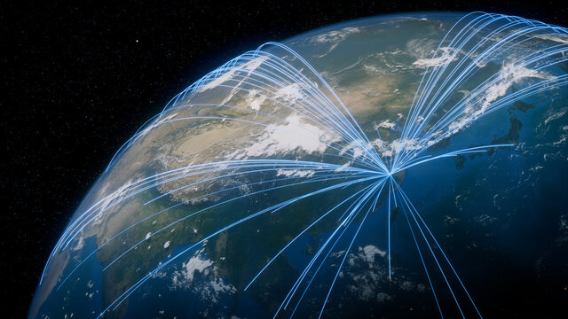 Earth in Space. Blue Lines connect Hangzhou, China with Cities across the World. Global Travel or Communication Concept.
