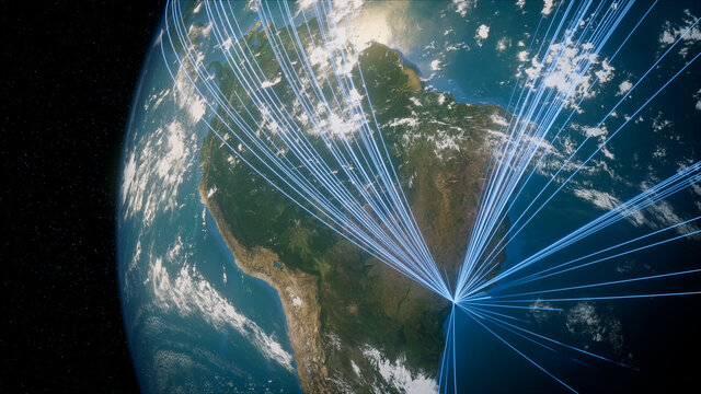 Earth in Space. Blue Lines connect Sao Paulo, Brazil with Cities across the World. International Travel or Networking Concept.