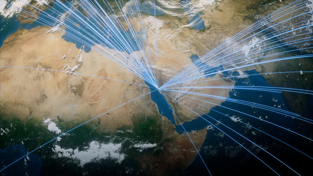 Earth in Space. Blue Lines connect Jeddah , Saudi Arabia with Cities across the World. Global Travel or Networking Concept.