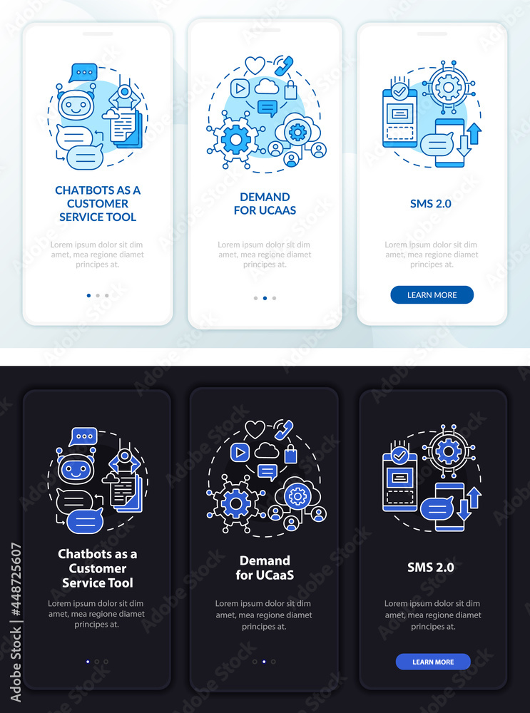 Poster online mailing onboarding mobile app page screen. customer service tool walkthrough 3 steps graphic 