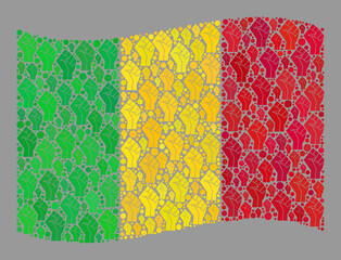 Mosaic waving Mali flag created of riot hand items. Conflict fist vector mosaic waving Mali flag designed for rebel illustrations. Designed for political or patriotic applications.