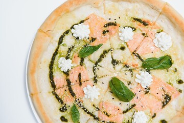 Delicious italian pizza over white background top view