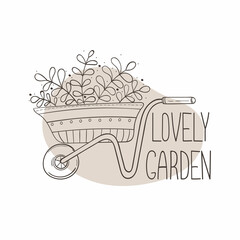 Isolated image of a garden wheelbarrow with flowers and lettering in trendy line art style. Vector illustration for print, logos and corporate identity.