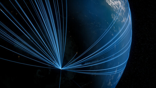 Earth in Space. Blue Lines connect Melbourne, Australia with Cities across the World. Global Travel or Business Concept.
