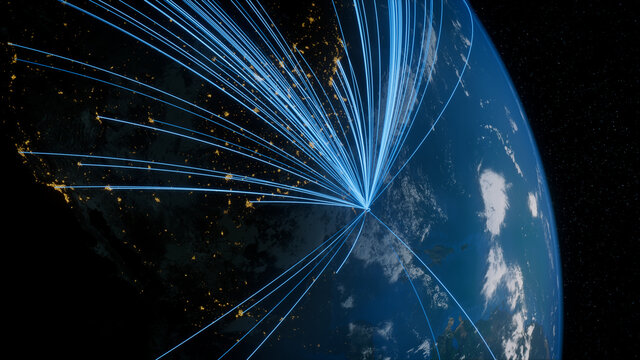 Earth in Space. Blue Lines connect Fort Lauderdale, USA with Cities across the World. Global Travel or Networking Concept.