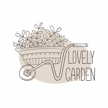recommend clip art: Isolated image of a garden wheelbarrow with flowers and lettering in trendy line art style. Vector illustration for print, logos and corporate identity.
