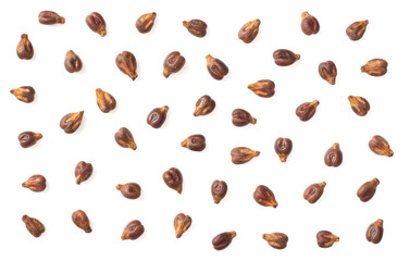 Dried grape seeds isolated on white background, top view
