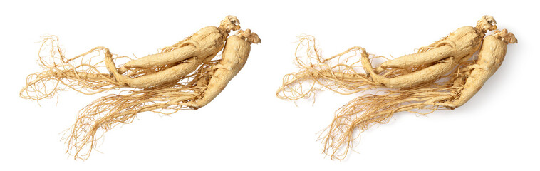 Fototapeta Two dried ginseng roots isolated on white background, top view obraz