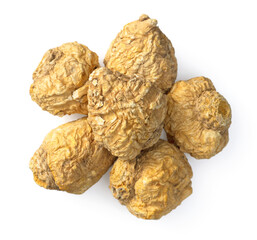 Dried Maca roots isolated on white background, top view