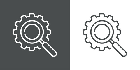Investigación industrial. Logotipo engranaje con lupa con lineas en fondo gris y fondo blanco