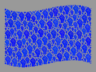 Mosaic waving blue flag designed of riot hand icons. Conflict hand vector collage waving blue flag organized for rebel wallpapers. Designed for political or patriotic agitprop.