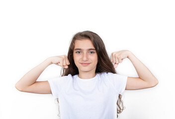 Strong  Girl Looking at Camera Shows Muscles Raising Arms 