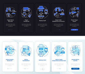 Organ sale participants onboarding mobile app page screen. Transplant walkthrough 5 steps graphic instructions with concepts. UI, UX, GUI vector template with linear night and day mode illustrations