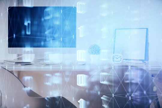 Multi exposure of data theme drawing and office interior background. Concept of technology.