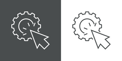 Logotipo engranaje con cursor de mouse con forma de flecha con lineas en fondo gris y fondo blanco