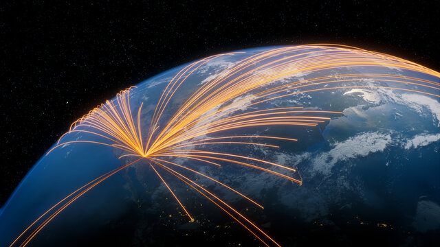 Earth in Space. Orange Lines connect Phoenix, USA with Cities across the World. International Travel or Business Concept.