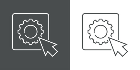 Logotipo engranaje en cuadrado con cursor de mouse con forma de flecha con lineas en fondo gris y fondo blanco