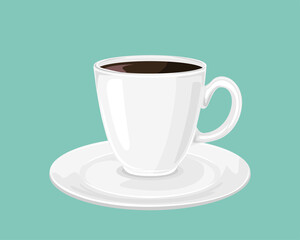 Obraz premium Coffee drink, white cup and saucer isolated. Vector illustration of espresso or americano in cartoon flat style.