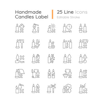 Handmade candles label linear manual label icons set. Fire safety. Customizable thin line contour symbols. Isolated vector outline illustrations for product use instructions. Editable stroke