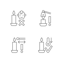 Burning candles safely linear manual label icons set. Keep kids away. Customizable thin line contour symbols. Isolated vector outline illustrations for product use instructions. Editable stroke