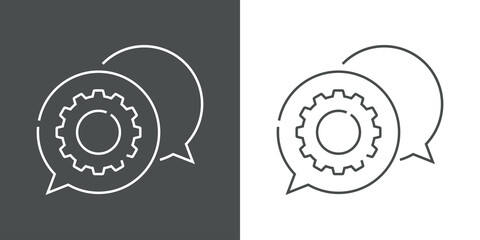 Chat industrial. Logotipo engranaje con 2 burbujas de habla con lineas en fondo gris y fondo blanco © teracreonte