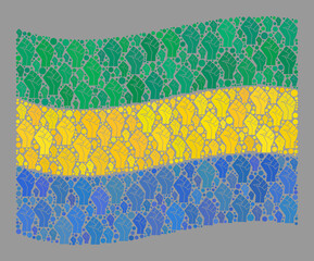 Mosaic waving Gabon flag designed with riot hand items. Protest hand vector collage windy Gabon flag done for rebellion projects. Designed for political and patriotic agitation.