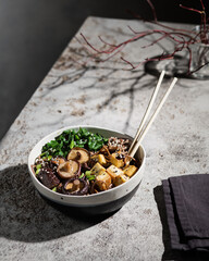 Asian cuisine. Buckwheat noodles with shiitake mushrooms, spinach, tofu cheese and sesame seeds. Japanese style of serving food. Chiaroscuro in food photos. Asian food styling, Asian culture