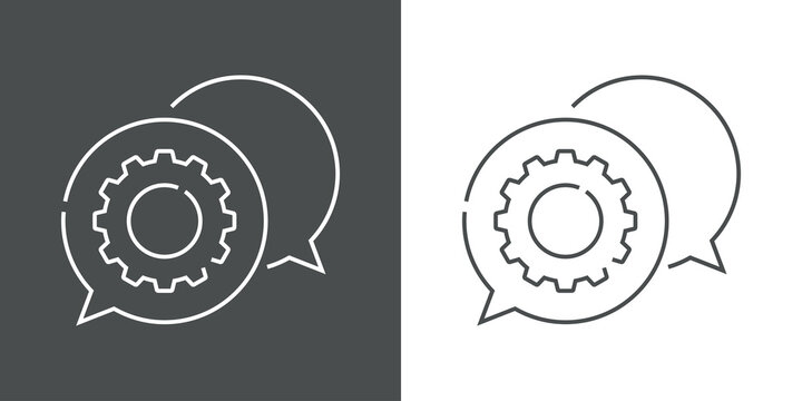 Chat industrial. Logotipo engranaje con 2 burbujas de habla con lineas en fondo gris y fondo blanco