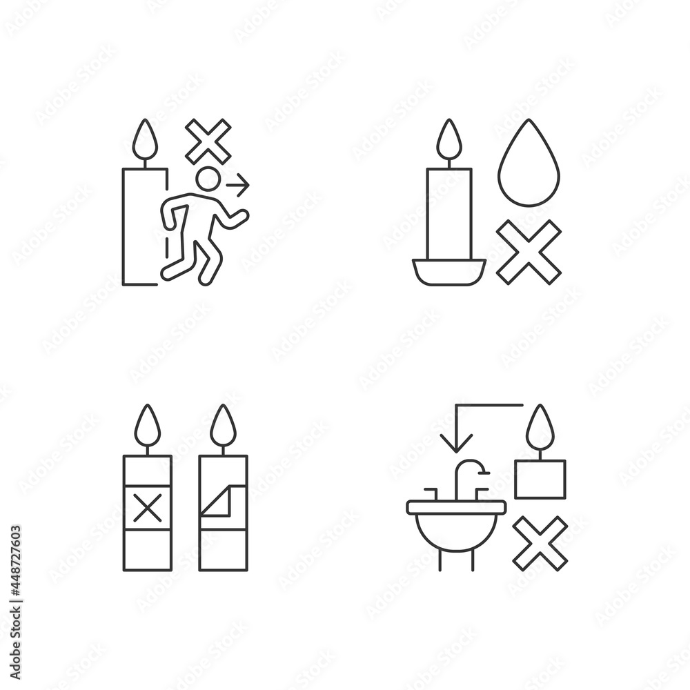 Poster being safe around candle linear manual label icons set. remove packaging. customizable thin line con