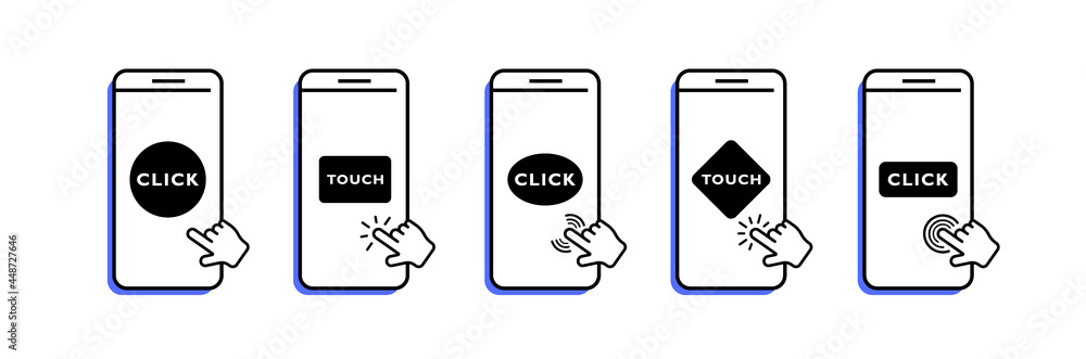 Poster set mobile phone with hand pointer. touch and click smartphone screen. clicking hand pointer on the 
