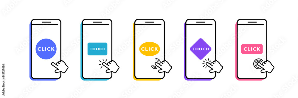 Poster set mobile phone with hand pointer. touch and click smartphone screen. clicking hand pointer on the 