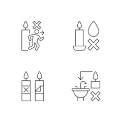 Being safe around candle linear manual label icons set. Remove packaging. Customizable thin line contour symbols. Isolated vector outline illustrations for product use instructions. Editable stroke